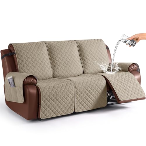 Image of KinCam Waterproof Recliner Sofa Cover, Non-Slip Reclining Couch Covers for 3 Seat, Recliner Couch Cover Furniture Protector with Elastic Straps for Pets, Kids, Khaki
