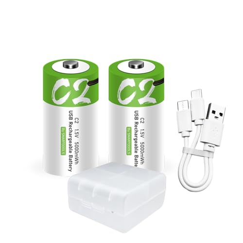 Lankoo 2pcs C Battery C Batteries, USB/Type-C C Rechargeable Lithium ion Battery, High Capacity 1.5V 3300mAh 5000mWh, 2.5 Hours Fast Charge, Cycle Times up to 1200x with Type-C Port Charging Cable