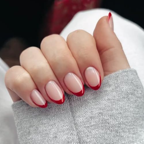 Modelones Red French Tip Press on Nails Short, Spring Oval Fake N...