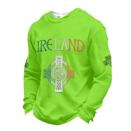 HUEAHDOU St Patrick Shirts For Men,St Patricks Day Shirt Men Waffle Long Sleeve Shamrock Irish Saint Pattys Tops Plus Size Crewneck Casual Sweatshirts(3X-Large,Greens)