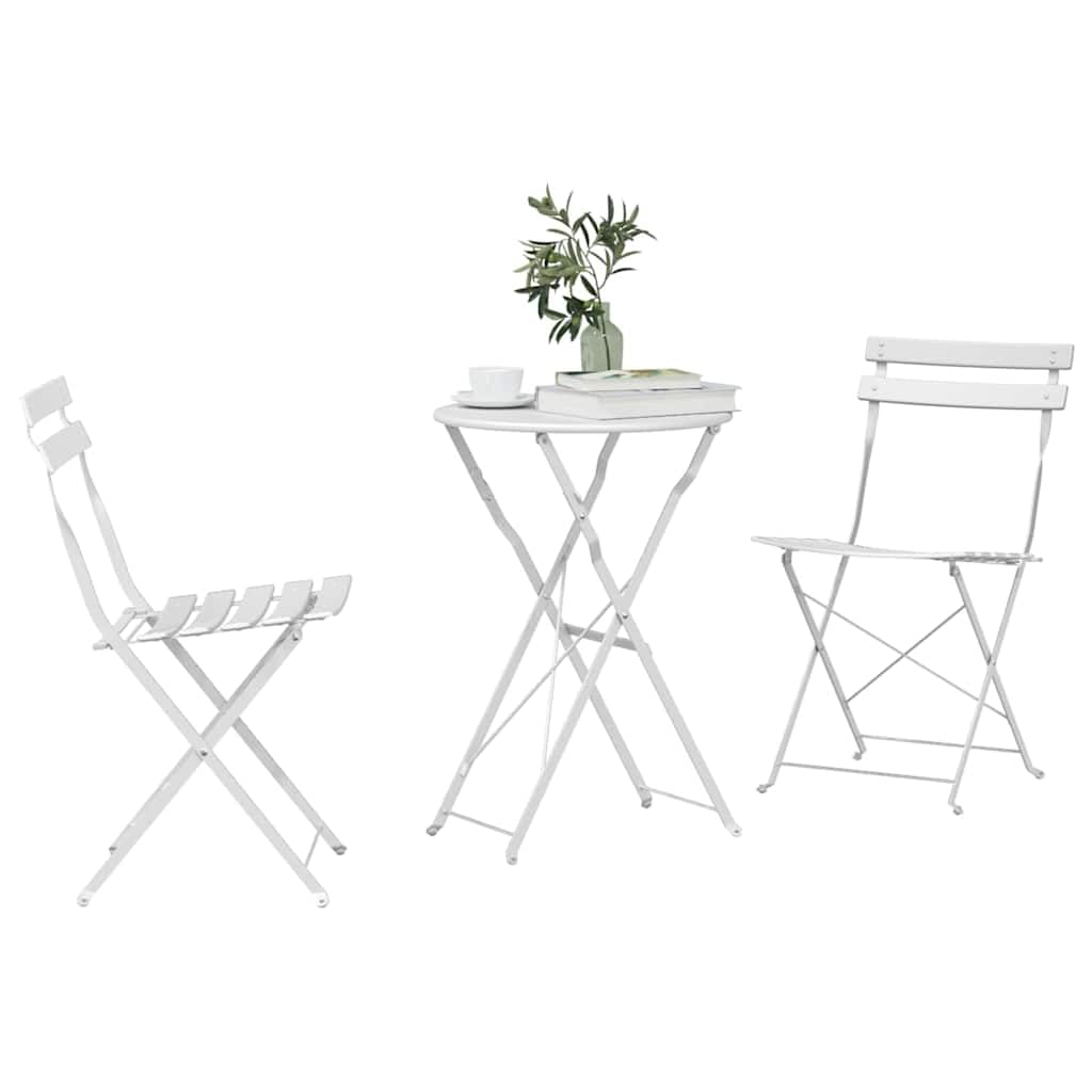Set da bistro pieghevole da 3 pezzi, in acciaio bianco, tavolo pieghevole e 2 sedie per giardino, terrazza e balcone, set di mobili per esterni salvaspazio