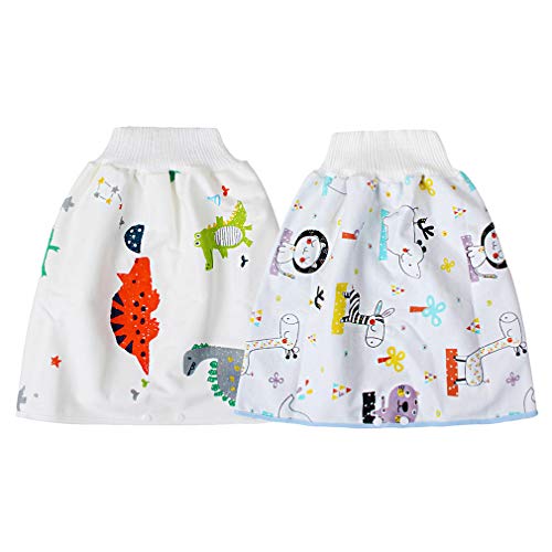 EOZY Lot de 2 Jupes à Couches Lavables Bébé Coton Jupe Apprentissage Propreté Jupe du0092Entraînement Bébé Couche Culotte Enfant Anti-Fuite Imprimé Cartoon (Dinosaures+Girafe, M: 4-8 Ans)