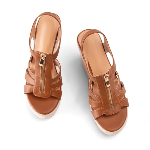 Image of Womens Front Zipper Espadrille Wedge Sandals Dressy, High Heel Platform Sandals Open Toe Slingback, Comfy Sexy Summer Wedges Sandals