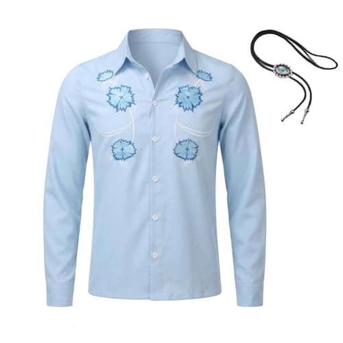 Cuzeolin Mens Napoleon Cosplay Dynamite Costume Pedro Bomb Blue Shirts Printed Long Sleeve Casual Shirts with Bolo Tie L