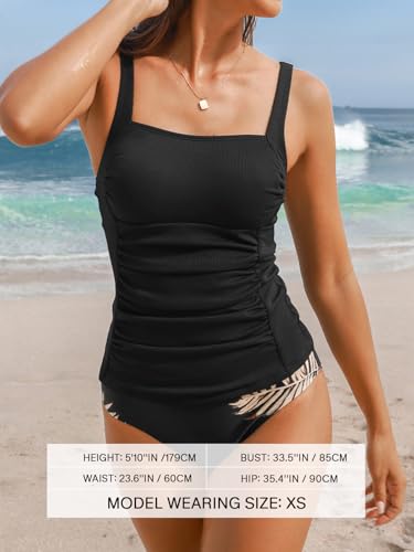 Image of CUPSHE Women's Tankini Sets Square Neck Two Piece Bathing Suit Ribbed | Removable Soft Cups, Ruched Tummy Control, Adjustable Straps, Mid Rise Bottom, Fully Lined, Moderate Coverage, Beach Vacation
