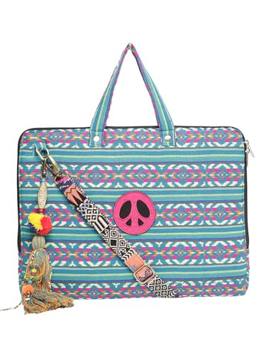 Image of The House of tara Office Laptop Bag for Women 13.3 And 15.6 Inch | Ideal For Office & Travel | Multicolour Embellished Handloom Fabric | MacBook Messenger Business Bag for ladies