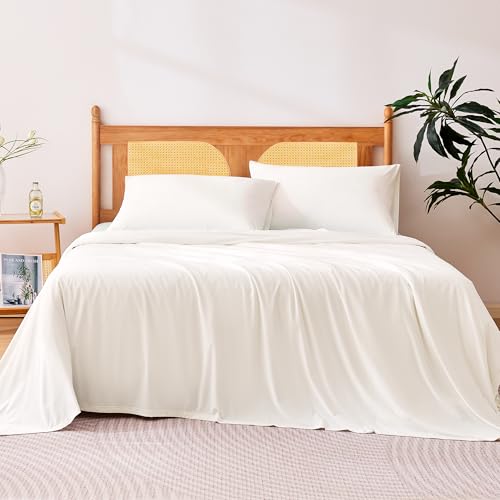 Image of Amazon Basics Cooling Sheets, 4-Piece Bed Sheet Set for Summer, Soft and Breathable for Hot Sleepers, Bedding with 1 Deep Pocket Fitted Sheet, 1 Flat Sheet, and 2 Pillowcases, King, White