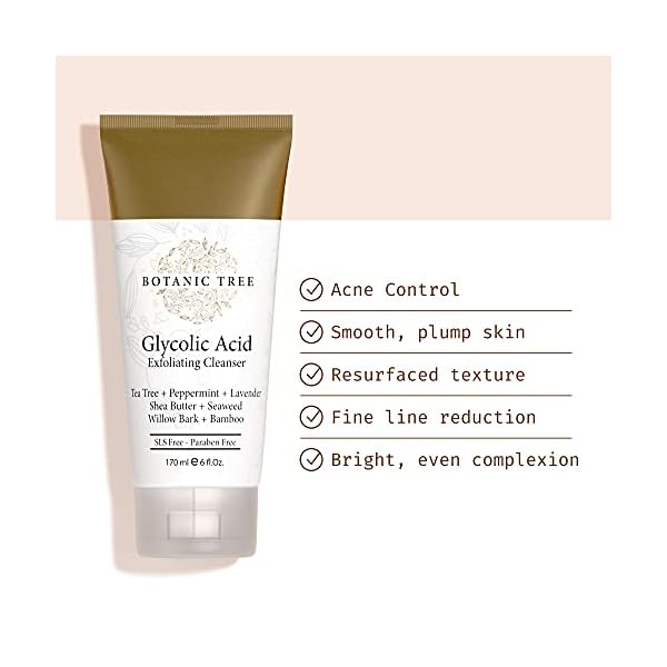 Botanic Tree Glycolic Acid Face Wash, Exfoliating Facial Cleanser and Scrub, 10% Glycolic Acid, AHA and Salicylic Acid, 6 fl. oz