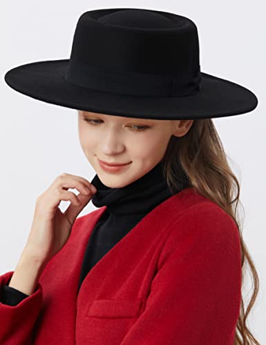 Porsyond Wide Brim Felt Fedora Hat Men Women Panama Jazz Hat Trilby Hat With Bowknot Band (Black) #TOP2