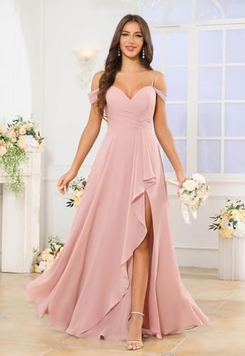 SOLODISH Off The Shoulder Bridesmaid Dresses Long A Line Ruffle Chiffon Formal Evening Gown3