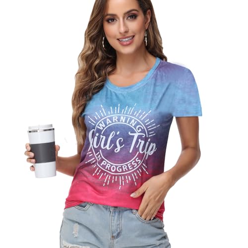 Image of Women's Casual Warning Girls Trip in Progress T-Shirt Casual Crewneck Short Sleeve Graphic Tee