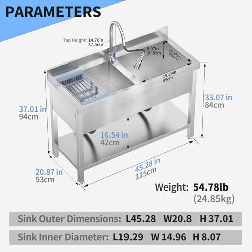 Image of 46.9Inch Stainless Steel Utility Sink 2-Compartment Commercial Sink with Pull-out Faucet, Free Standing Double Bowl Kitchen Sink for Restaurant, Garage, Shop, Cafe