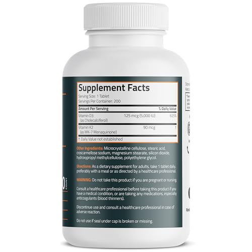 image for Bronson Vitamin K2 D3 (MK7) Supplement Non-GMO Formula Vitamin D3 5000