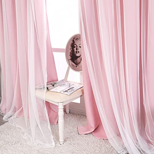 Image of Short Pink Curtains 63 Inch Long- Blackout Curtains with Voile Sheer Drapes Thermal Pink Window Treatments with Tie-Backs for Kids /Girls Bedroom Nursery Living Room, Elegant, 2 Panels