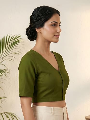 Image of Yash Gallery Women's Stretchable Rayon Lycra V-Neck Short Sleeve Front Open with Hook Stylish Crop Blouse Top for Ethnic Beige Designer Festive Choli Blouse