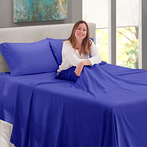 Image of Nestl Queen Bed Sheet Set - Royal Blue - 4-Piece Extra Deep Pocket | Instantly Soft, Night-One Ready (No Wash Required). Fits Extra Deep Pockets up to 24 Inches, 360-Degree Elastic Grip
