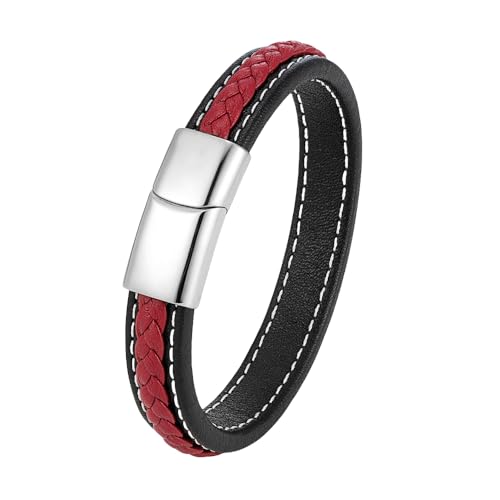 HUIANGLIYG Gourmette Homme,Bracelet en Cuir Véritable Noir pour Homme, Simple, Tressé, Corde Rouge, avec Fermoir Magnétique, Style Décontracté, Fait À La...