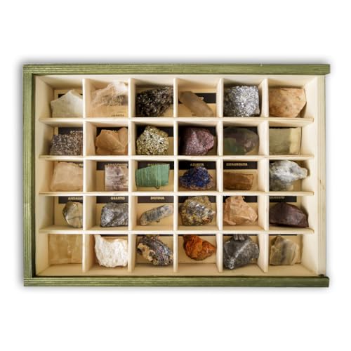 Colección de 30 Minerales didácticos Premium en Caja de Madera Natural   Minerales Reales educativos de Gran tamaño con Hoja de descripción. Kit Geología para niños