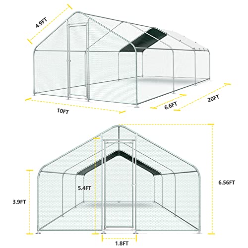 10x20FT Large Metal Chicken Run with Roof, Walk-in Poultry Cage Chicken Coop Runs House for Yard with Waterproof Cover, Ducks Rabbits Habitat Cage Spire Shaped Coop