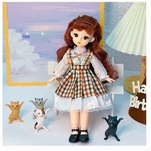 Image of Tickles Set Movable Jointed Makeup Cute Girl Brown Eyes Fashionable Doll Check Print Dress for Kid Girls (Size: 30 cm Color: Multicolor)