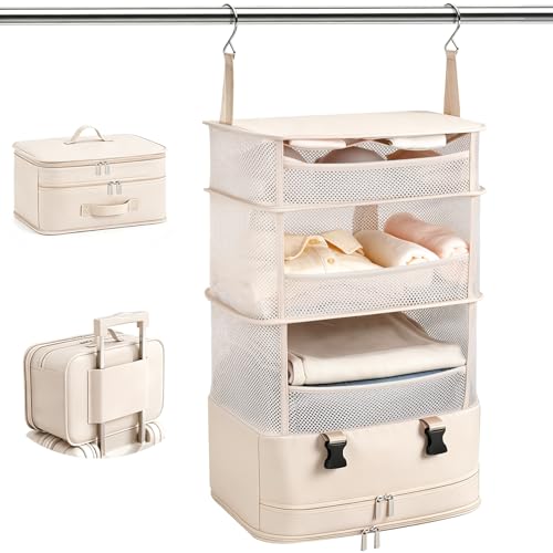 Hanging Closet Organizer Foldable Beige Mesh Shelves with Zipper Bag