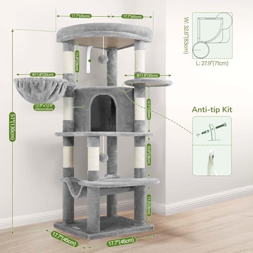 Globlazer Árbol Rascador para Gatos con 90° Sectores Grandes Plataformas Acolchada Nidos Cesta Suave Hamaca, Árbol Rascador Alto 130 cm Estable Adapta Esquina para Gatos Grande (C51, Gris Claro) - imagen 2