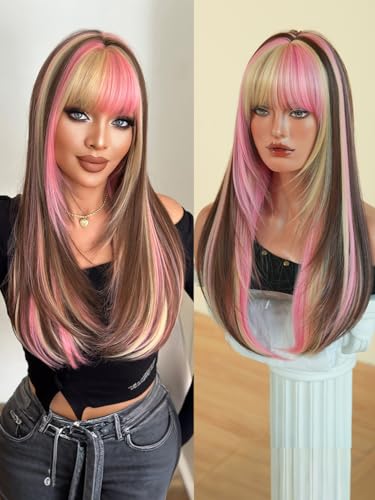 7JHH WIGS 26IN Long Straight Brown Highlight Pink Wigs High Layered Cut Women Synthetic Heat...