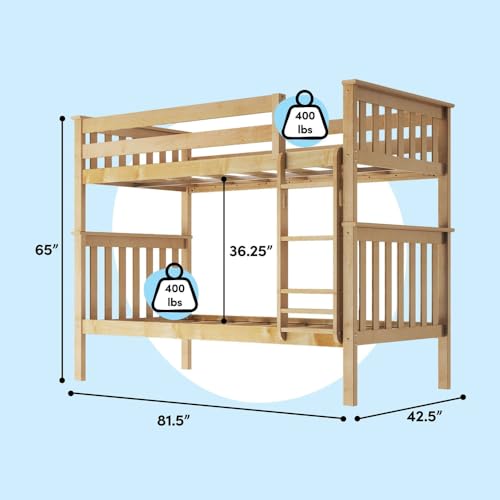 Max & Lily Bunk Bed Twin over Twin, Solid Wood Bunk Bed Frame with Ladder for Kids, 14" Safety Guardrails, Easy Assembly, No Box Spring Needed, Natural by Max & Lily - Image 5