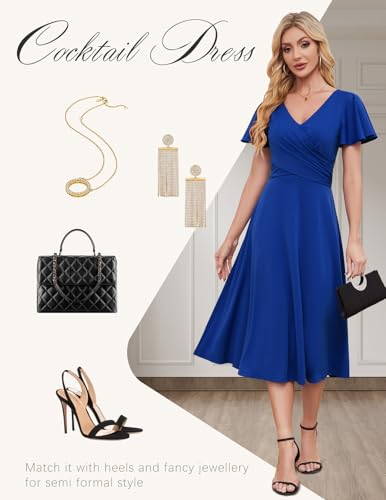Image of Gardenwed Womens Cocktail Dress Wedding Guest Semi Formal Wrap V Neck Short Sleeve Ruched A Line Midi Dresses with Belt