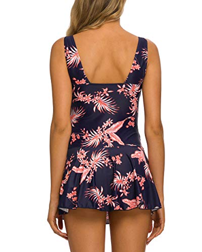 Coskaka Women's One Piece Skirt Swimwear Ruched Retro Swimming Dress Tummy Control Bathing Suit Navy Flower M #TOP5