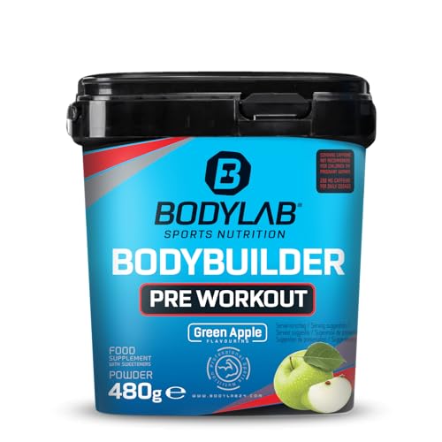 Bodylab24 Bodybuilder Pre Workout Grüner Apfel 480g, mit verschiedenen Aminosäuren (Citrullin, Arginin, Glycin, Tyrosin, Taurin), Koffein und verschiedene Pflanzenextrakte, fruchtig im Geschmack
