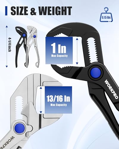 Image of WORKPRO 2-Piece Mini Pliers Set, 4-Inch Water Pump Pliers & Pliers Wrench | Alloy Steel, Anti-Rust Coating, Quick Adjustment, Mini Groove Joint Plier & Smooth Jaw Plier, Pocket Size, Everyday Carry