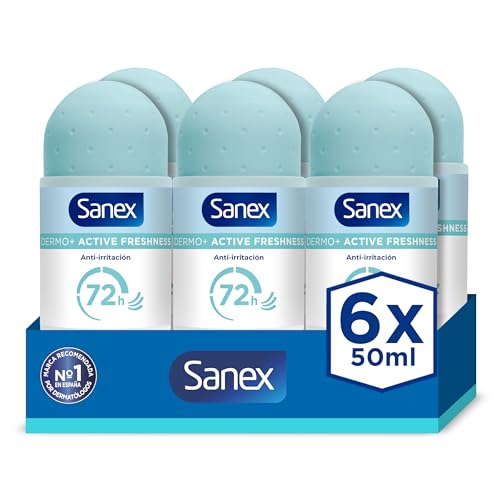 Sanex Dermo+ Active Freshness Desodorante Antitranspirante Roll-On 72 Horas (50ml) Pack 6 – protección eficaz contra el sudor y el mal olor – dermatológicamente testado – contiene 0% alcohol*