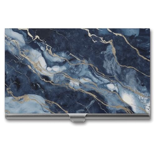 Metal Business Card Holder Ultra Slim - Marble Navy Blue Mixed Professional Aluminum Alloy Card Case with Magnetic Closure, Compact ID Credit Card Organizer Wallet for Men Women
