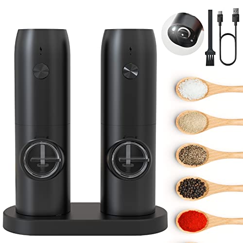 MERTTURM Rechargeable Electric Pepper Grinder, Automatic Pepper Salt Mill with LED White Light, One Hand Operation