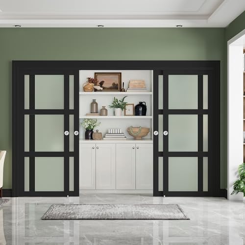 SMARTSTANDARD Sliding Closet Door 48x80(Double 25") Inch, Bypass Frosted Glass 3-Lite,Hardware Kit with Handles Included, Preassembled MDF with PVC Pa
