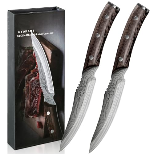 SYOKAMI Steakmesser Set 2 Teilig, 12,2cm Ugezahntes Steakmesser aus japanischem Edelstahl mit hohem Kohlenstoffgehalt und Holzgriff, Damastmuster,...