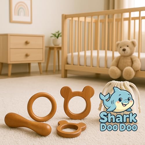 Image of Shark Doo Doo Neem Wood Baby Teether Combo (Mickey, Ring & Stick) | Organic & Handcrafted | Chemical-Free, Antibacterial Teething Toy for Babies