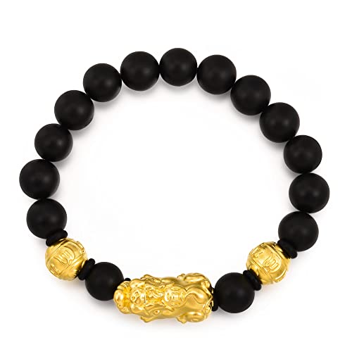 CHOW SANG SANG Cultural Blessings 999 24K Solid Gold Pixiu with 15 Black Chalcedony Beads Beaded Blessing Bracelet for Men 91338B | Size 6 (Wrist Size:14-15 CM)3
