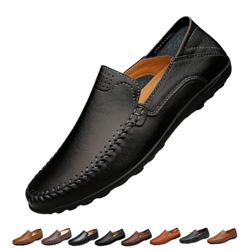 [SYT-MD] Mens Slip On Leather Loafers, Wide Fit Flat Walking Loafer Shoes, Anti-Slip Driving Moccasins(Black,265)