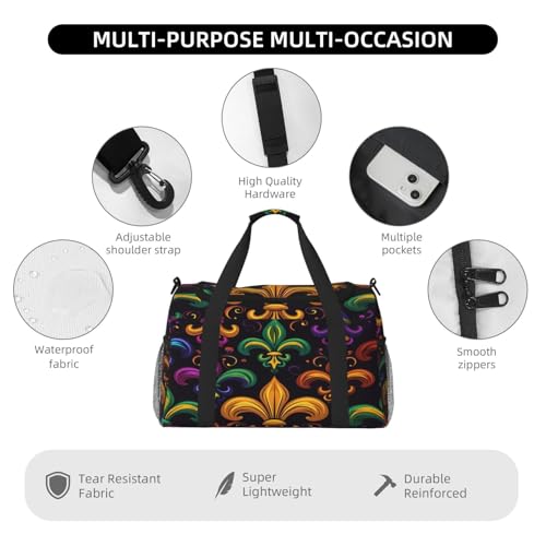 Duffle Bag Colorful Mardi Gras Fleur De Lis Travel Duffel Bags for Men Women with Adjustable Strap Carry on Gym Bag Overnight Weekender Bag4