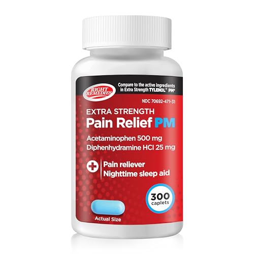 Right Remedies Extra Strength Pain Relief PM & Nighttime Sleep Aid Caplets,(300 count), Acetaminophen 500 mg & Diphenhydramine HCl 25 mg, Non-Habit Forming, Compare to Active ingredients of Tylenol PM