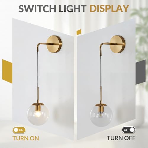 Image of BOKT Mid Century Modern Globe Wall Sconce Lighting Brushed Brass Gold Bathroom Wall Lights Clear Bubble Glass Ball Wall Light Fixture Lamp Bedroom Bedside Wall Light (Gold+Clear)