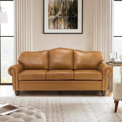 Classic 3-Seater Sofa with Premium Leather Upholstery, Stylish & Comfortable Sofa for Living Room or Office, Easy to Maintain & Long-Lasting Camel - Thumbnail 3