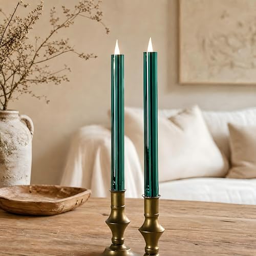 Image of Flameless Taper Candles Flickering with Remote and Timer, 3D Moving Flame Taper Candle Battery Operated to 400 Hours, 9 Inch Window Candles(High Shine Green)