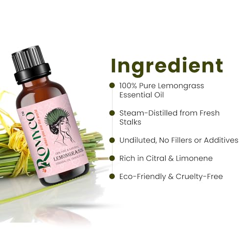 Image of Romyco Lemongrass Essential Oil 15ml for Nourishing Hair | Skin Face Moisturiser | Insect Repellent | Use in Diffuser | Pure Natural Premium & Undiluted