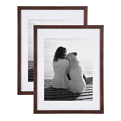 DesignOvation Gallery Wood Photo Frame Set for Customizable Wall Display, Walnut Brown 14x18 matted to 11x14, Pack of 2
