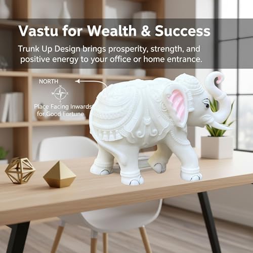 Elegant White Jumbo Elephant Statue Trunk Up | Handcrafted Marble Dust Decorative Piece for Prosperity Good Fortune | Impressive Housewarming & Diwali Gift (8 x 10.5 inch) — photo — 6 of 9