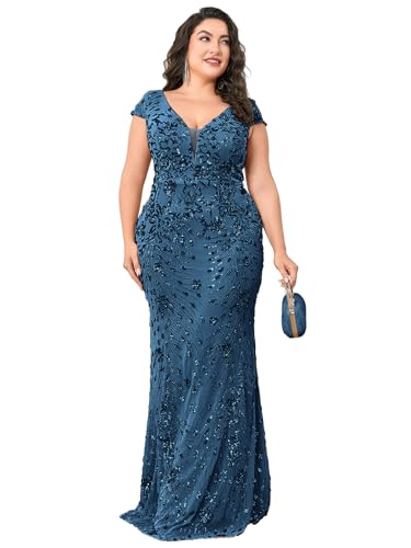Image of Plus Size Womens Sequined Long Evening Gown Glamous Sleeveless V-Neck Mermaid Prom Dress for Wedding Party