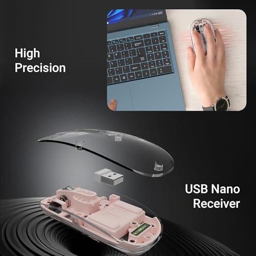 Image of ZEBRONICS Sheer Rechargeable Wireless Mouse, Dual Mode (2.4GHz + BT), Dual Bluetooth, Silent Operation, Transparent Body, RGB, Battery Indicator, for Mac | Laptop | Computer (Pink)